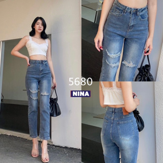 👖NN-ST 🌟#5680 กางเกงยีนส์เอวสูงทรงกระบอกเล็ก งานผ้ายีนส์ยืดเก็บทรง เก็บหุ่น งานฟอกสีสนิมอ่อนๆ สวยๆเลยค่ะ