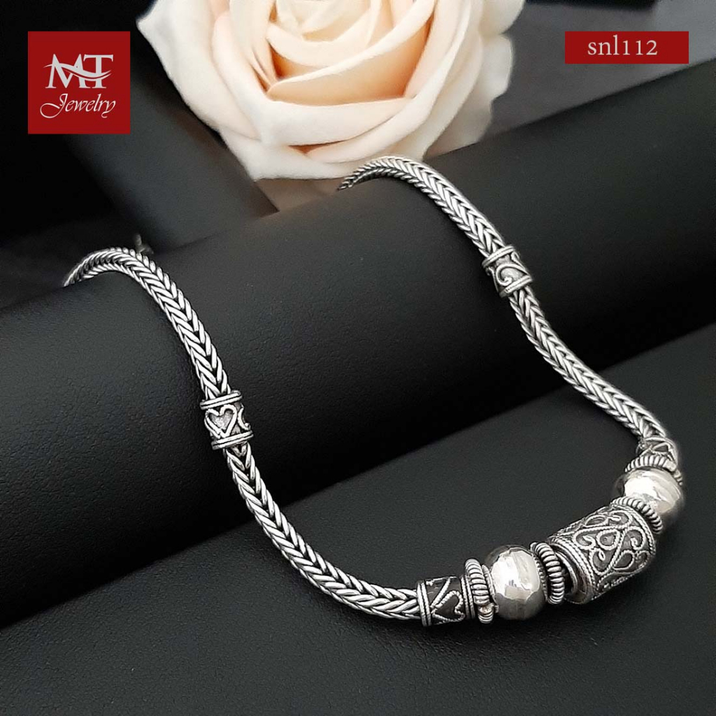 MT สร้อยคอเงินแท้ ลายสี่เสา ประดับบอลกลม ยาว 22 24 นิ้ว Silver Necklace (snl112) MT Jewelry มณีธารา