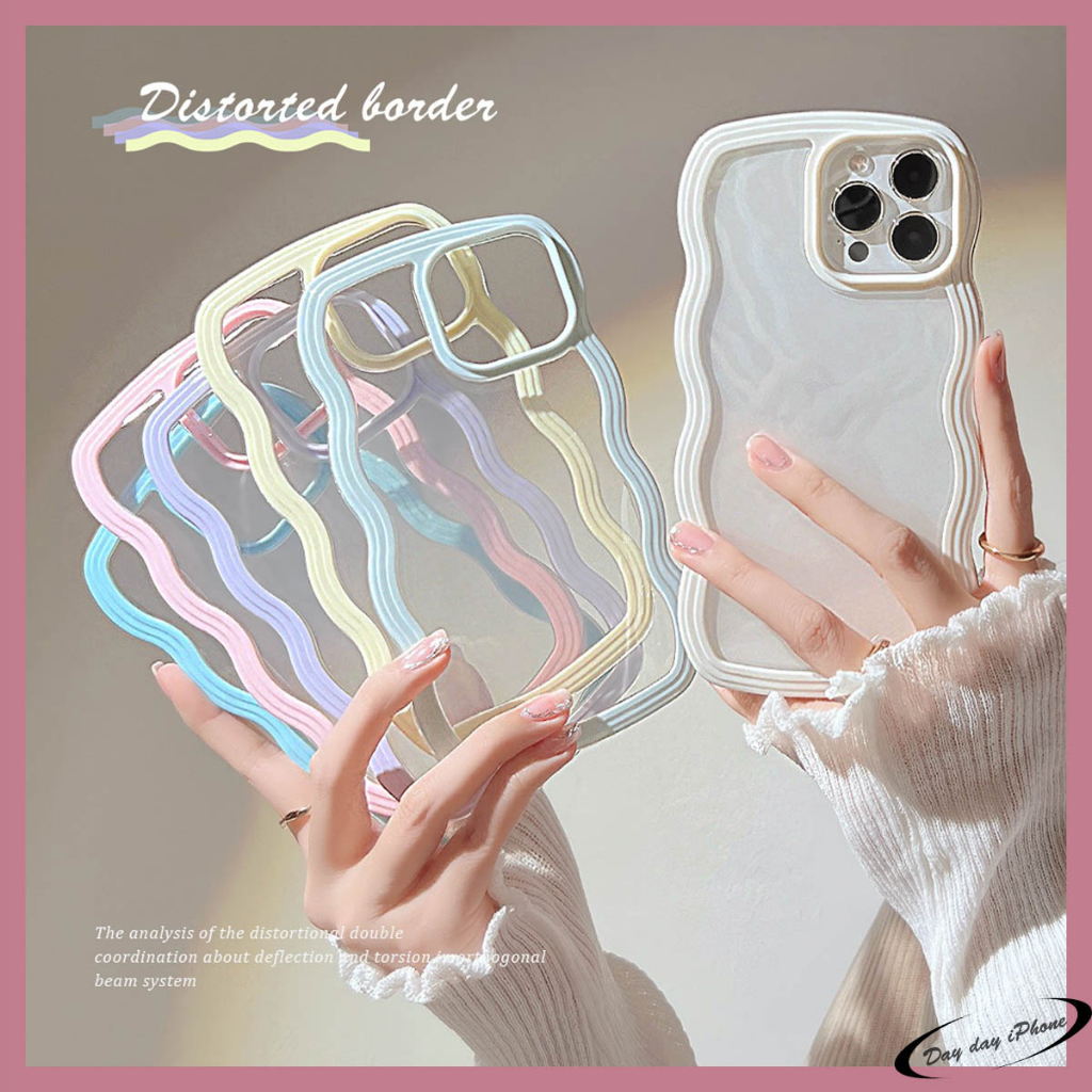 Macaron Wave TPU ใสเคสมือถือ ลายคลื่นหยิก เคสโทรศัพท์ For iPhone 11 15 14 13 12 Max 8 7 Plus XR X XSMax SE 2020 กันกระแท