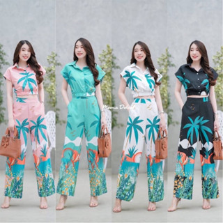 เสื้อครอปปกเชิ้ตลายมะพร้าว + กางเกงขายาว