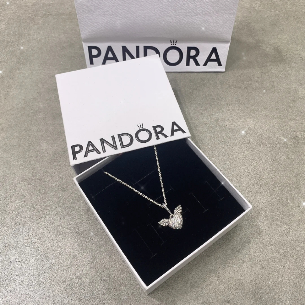 Pandora สร้อยคอ เงิน925 สร้อยคอพร้อมจี้ Angel Wings Heart Necklace สร้อยคอจี้หัวใจ ของแท้ 100%
