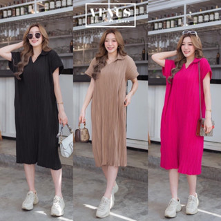 Dress คอปก ชุดเดรสยาว เดรสอัดพลีท แฟชั่นสีพื้น freesize