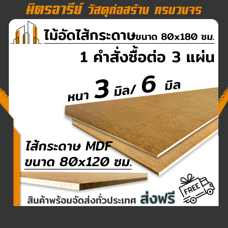 (ส่งฟรี!!) ไม้อัด ไม้อัดไส้กระดาษ MDF ขนาด 80x120 ซม. ไม้อัดหนา 3 มิล และ 6 มิล ( ตัด 80x120 ซม./3 แ