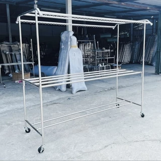 ราวตากผ้าสแตนเลส ยาว2เมตร รุ่นทรงโค้ง คานล่าง2เส้น ยาว200xกว้าง100xสูง180cm ล้อล็อคได้