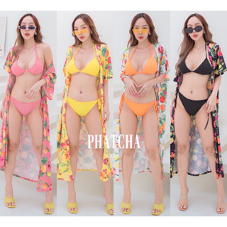 MAYSTUDIO BIKINI ชุดเซ็ท 3ชิ้นปังๆ ยั่วๆ เซ็กซี่สุดๆ เสื้อคลุมพิมพ์ลายผลไม้แขนสั้น มาพร้อมบิกินี่ผูกคอและผูกเอว