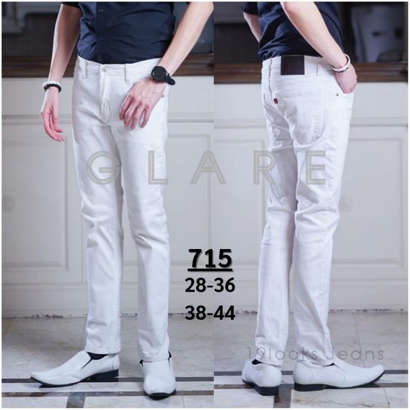 กางเกงยีนส์ผ้ายืดสีขาว เป้าซิป ขากระบอกเล็ก ไซส์ 28-44 (715)
