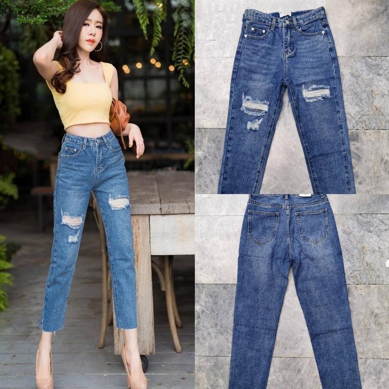 กางเกงยีนส์ทรงบอย แต่งดีเทลขาด รุ่น G1318 มี 5 ไซส์ให้เลือก