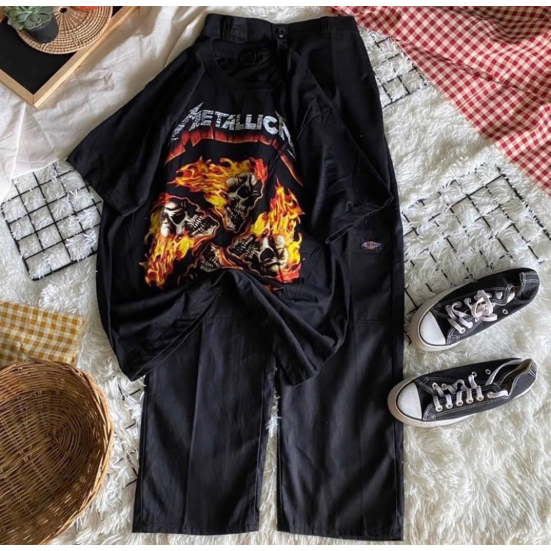 เสื้อวงวินเทจ+กางเกงดิกกี้ขาต่อสีดำ