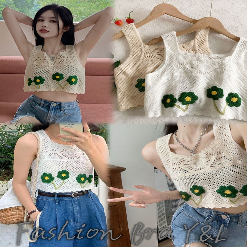 065#เสื้อกล้ามถักไหมพรม ดีลายดอกไม้ น่ารักใส่ ธรรมดามาก 2 สี