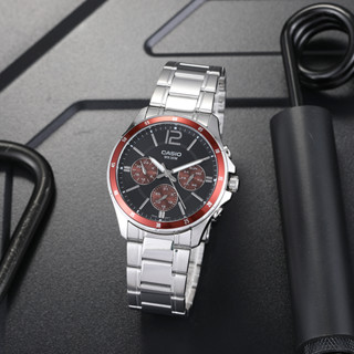 นาฬิกา Casio รุ่น MTP-1374D-5A นาฬิกาผู้ชาย สายแสตนเลส หน้าปัด สีดำ/ แดง -ของแท้ 100% รับประกันสินค้า 1 ปีเต็ม