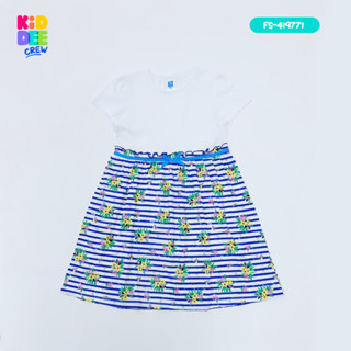 KiddeeCrew ชุดกระโปรงเด็ก สีขาวบนริ้วฟ้าดอกไม้ เหมาะสำหรับอายุ 1-12 ปี