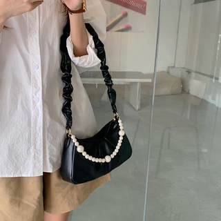 กระเป๋าสะพายไหล่ แต่งจับจีบ ประดับไข่มุก สีขาว สไตล์เกาหลี สําหรับผู้หญิง