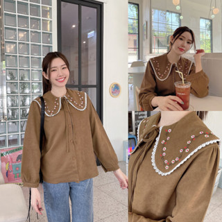 ขาว/ครีม/น้ำตาล SLYQ CROVIE EMBROIDERED COLLAR BLOUSE เสื้อเบลาส์แขนยาว แต่งปกปักลายดอกไม้เล็ก