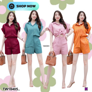 J18405 set 2 ชิ้น เสื้อปกเชิ้ตแขนเบิ้ล ติดกระดุม + กางเกงขาสั้น 2-piece set: button-down collar shirt + shorts