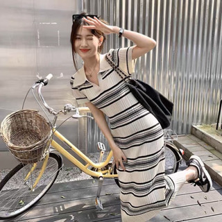 🌈🌿🌺🌼🌸🤎🧡🇰🇷Knit Stripe V Collar Maxi Dress