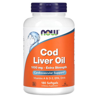 น้ำมันตับปลา Cod Liver Oil (Vitamin A&amp;D-3, EPA, DHA) 1,000 mg, 180 Softgels NOW Foods