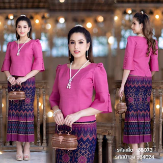 65073 เสื้อผ้าไหม คอกลม แต่งกระดุมปลายแขน เอวปล่อย ทรงสวยหรู ซิปหลัง ชุดไทยประยุกต์ เสื้อผ้าผู้หญิง ดีไซน์ by sunsmile