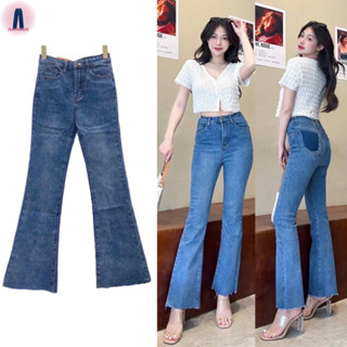 Jsara jeans กางเกงยีนส์เอวสูงทรงขาม้าผ้าผสมยืดสีฟอกสไตล์เกาหลี #5129 jeansdede