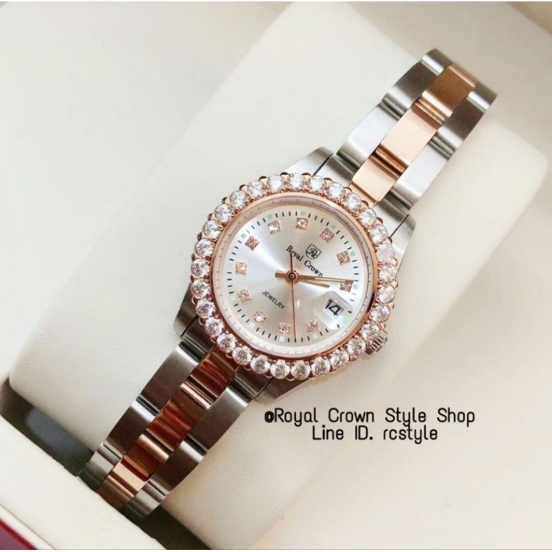 Royal Crown แท้100% นาฬิกาข้อมือผู้หญิงขนาด27mm สีโรสโกลด์ ประดับเพชรCZ เกรดพรีเมี่ยมสวยหรู,กันน้ำ,รับประกันสินค้า1ปี