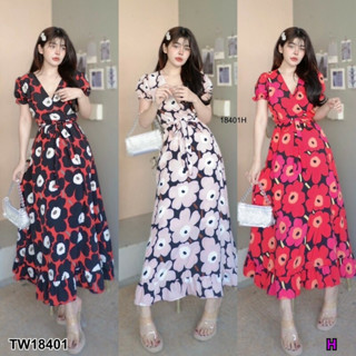 MM18401 เดรสยาว แขนตุ๊กตาพิมพ์ลายดอกไม้ผูกเอว .Long dress, doll sleeves, floral print, tied at the waist..