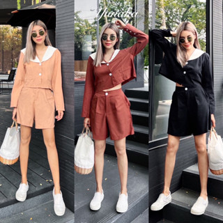 Yunaka ชุดเซ็ต 2 ชิ้น เซทเสื้อเชิ้ตแขนยาวคอวี อก 36” Shirt Crop Twotone Collar set กางเกงขาสั้น เอว 22-28”