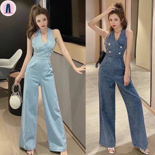 พร้อมส่ง💟 (S-2XL) จั๊มสูทยีนส์กางเกงขายาวคล้องคอแต่งกระดุมทองมีซิปหลังสไตล์เกาหลีเซ็กซี่