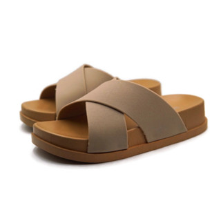 Gpatt : Two Tone Double Cross Sandals รองเท้าแตะลําลองแถบไขว้ พื้นเบจ นุ่มสบาย ระบายอากาศได้ดี แฟชั่นสไตล์มินิมอล