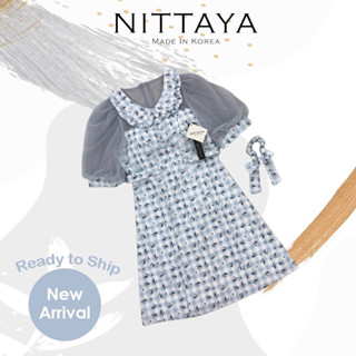 🔥พร้อมส่ง Size S🔥 ป้าย Nittaya เดรสฟ้าคอบัวแขนซีทรู + ยางรัดผม