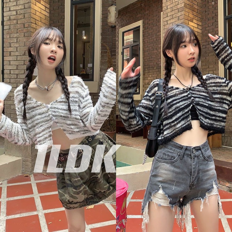 1LDK พร้อมส่ง เสื้อถักไหมพรม ผ้าหลุ่ย 2กระดุม คอวีแขนยาว ผ้าบางไม่คัน(Y2601)
