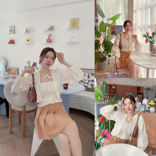 SLYQ FUDGE BOW JACKET &amp; SMOCKED TUBE TOP SET เซ็ตเสื้อ 2 ชิ้น ผ้าคอตตอนลินินใส่สบายมากกกก ครีม น้ำตาล