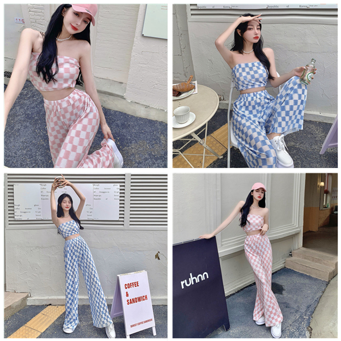 387 ฤดูร้อนใหม่ชุดรัดรูปสั้นด้านบนลายสก๊อตจีบกางเกงขากว้างแบบสบายๆ 2ชิ้นแฟชั่นผู้หญิง