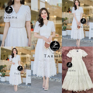 🧡พร้อมส่ง M-4XL🧡ป้าย Tarm Ha💕เดรสยาว เดรสฉลุคอวี กระดุมหน้า ระบายชายฟันปลา งานดีมาก