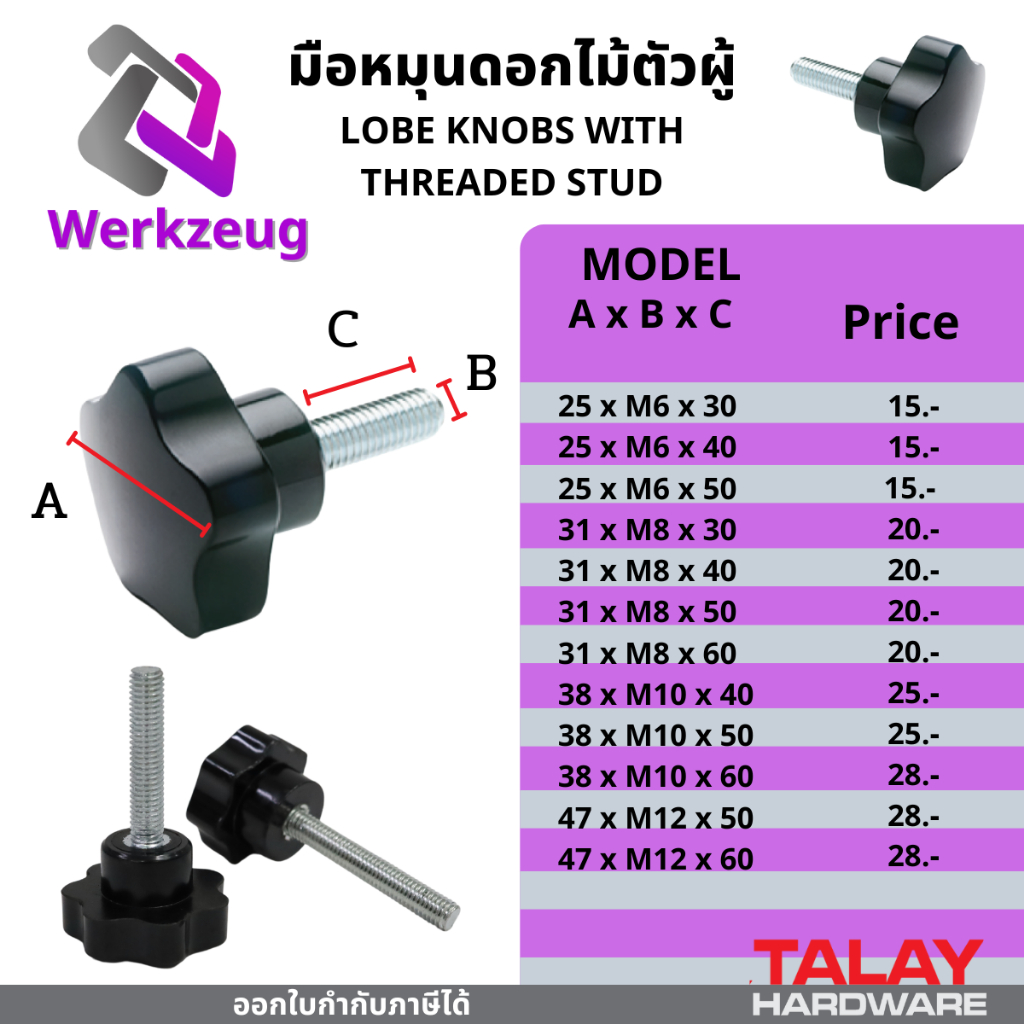 น็อตมือหมุนดอกไม้ M6 - M12 (ราคาต่อ1ชิ้น) Star Grip Knob Bolt น็อตพลาสติกสีดำตัวผู้ น็อตหัวดอกไม้ หั
