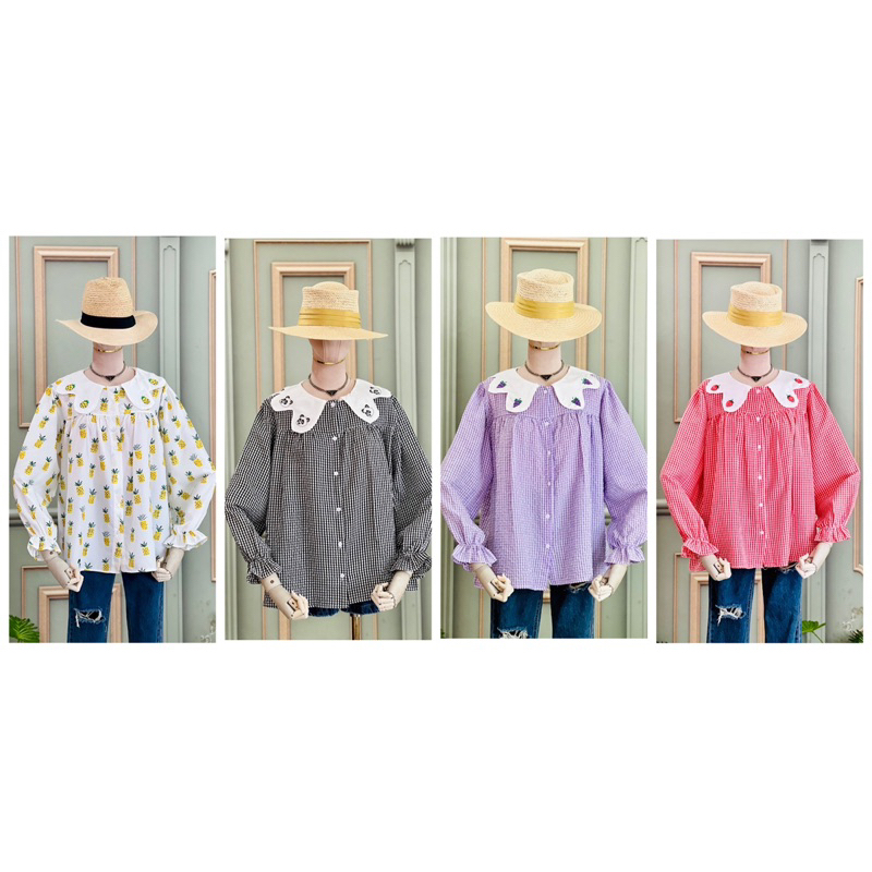 เสื้อเชิ้ตคอบัวงานปักน้ององุ่น&สัปปะรดน่ารักมากๆ งานฟรีไซส์ใส่สบาย