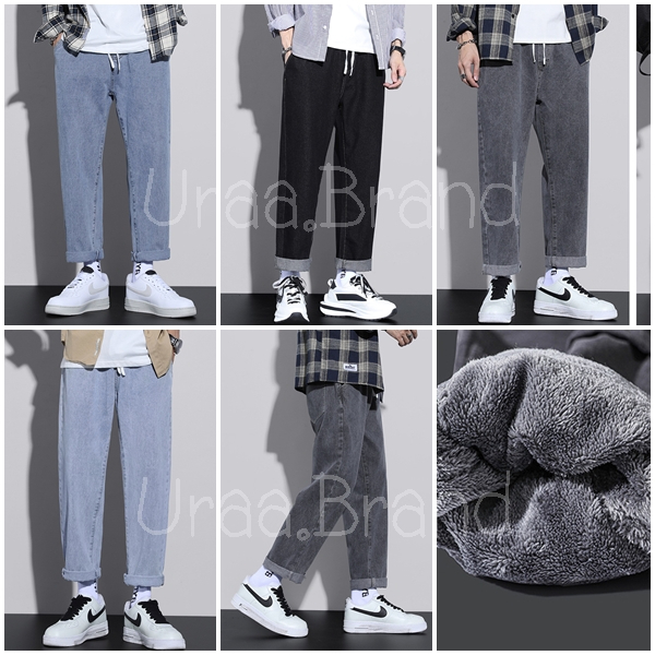 M-3XL / 2 สี กางเกงยีนส์บุขน กางเกงบุขนผู้ชาย รุ่น Line Man Jeans - MSS มีเชือกผูกเอว