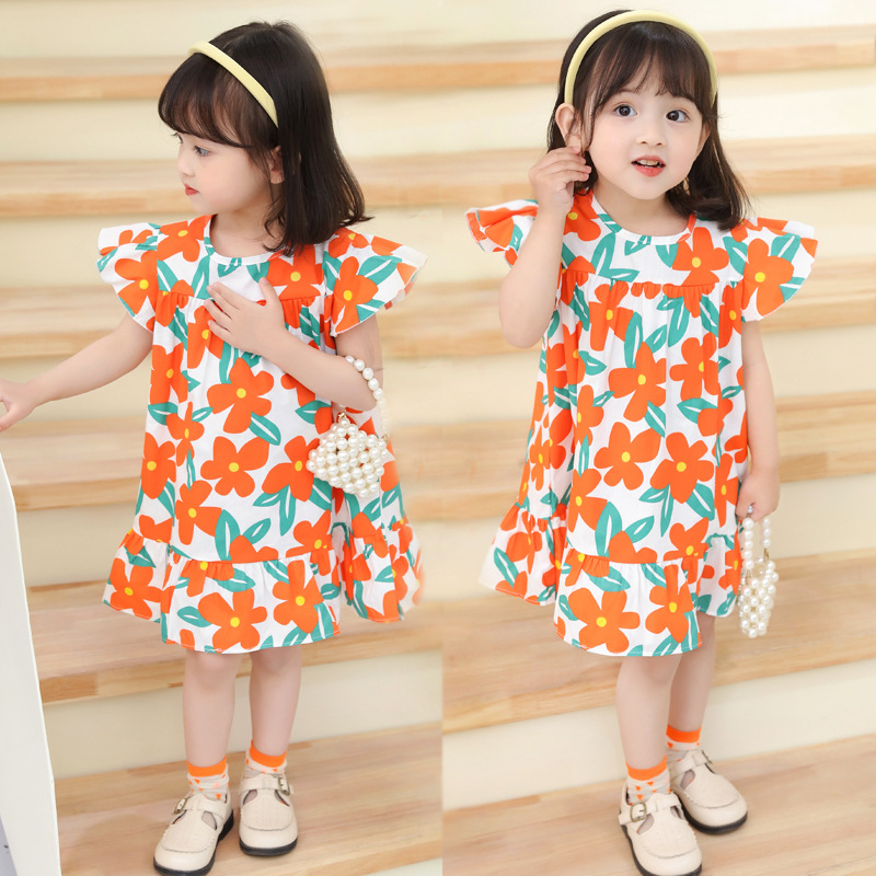 ลด10% โค้ด DDXDECW4 NG03  ชุดเดรสผ้าฝ้ายลายดอกไม้แขนกุด กระโปรงเด็ก