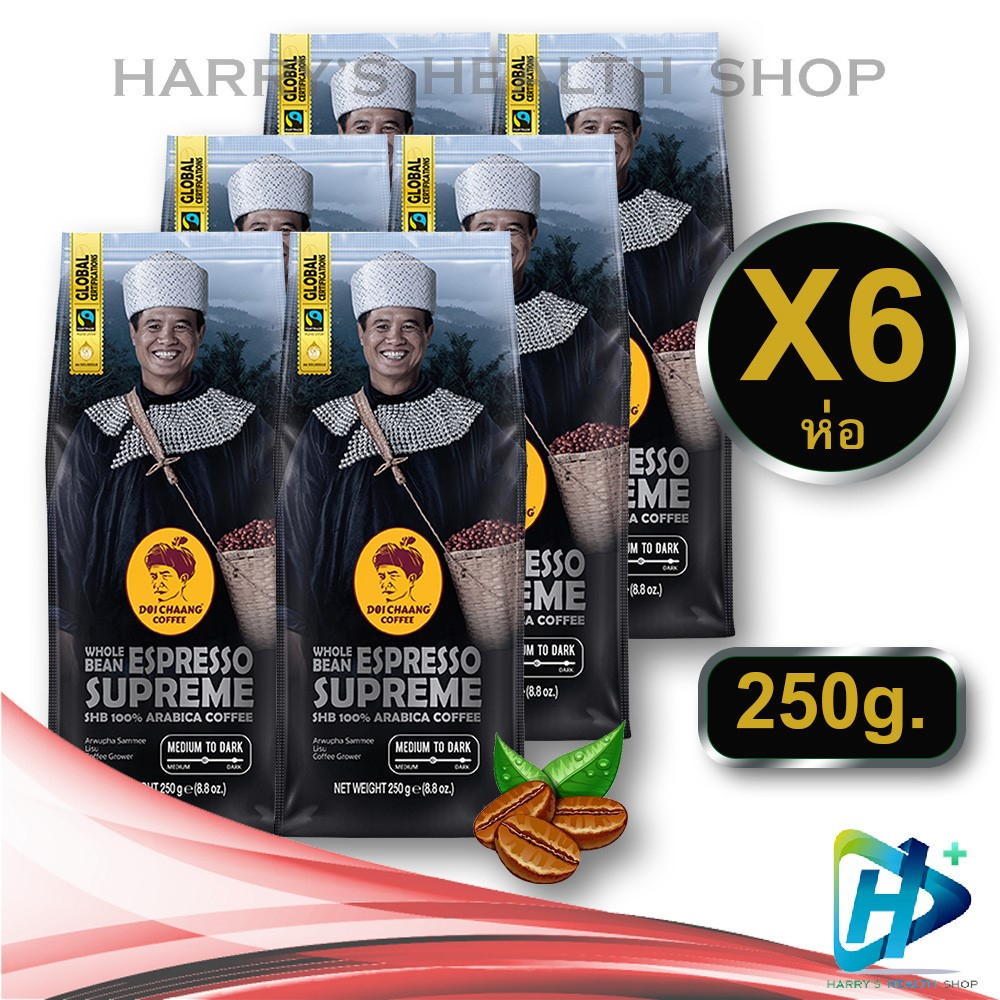 Doi chaang coffee Beans Espresso Supreme[Set 6 pcs.] กาแฟดอยช้าง เมล็ดกาแฟดอยช้าง(คั่วกลางถึงเข้ม) medium to dark  250g.