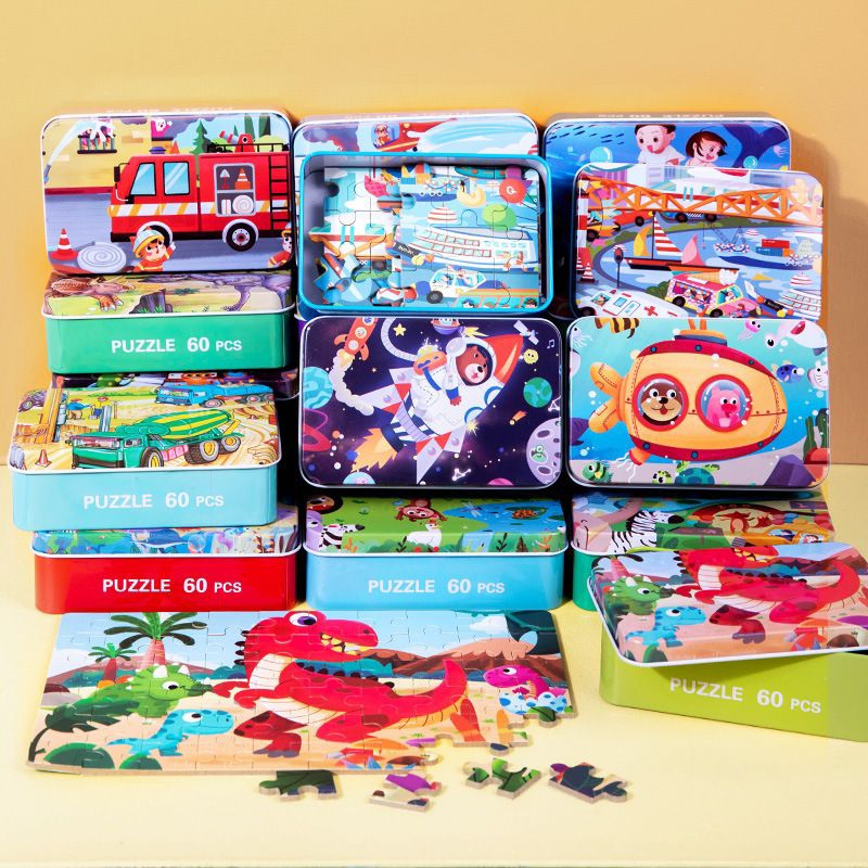 Jigsaw & Puzzle 🧩 จิ๊กซอว์สำหรับเด็ก ชิ้นใหญ่ 6 ภาพมาพร้อมกล่องเหล็ก จิ๊กซอว์จับคู่ จิ๊กซอว์ของเล่น ของเล่นเสริมพัฒนาการ