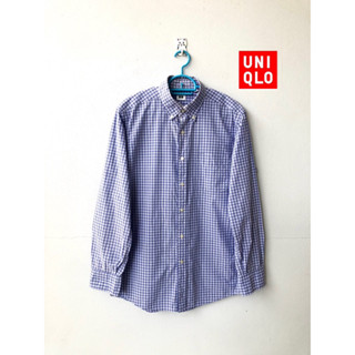 เสื้อเชิ้ต Extra Fine Cotton Broadcloth แบรนด์ Uniqlo แขนยาว ปกกระดุม ลายตาราง มือสอง สภาพกริบ