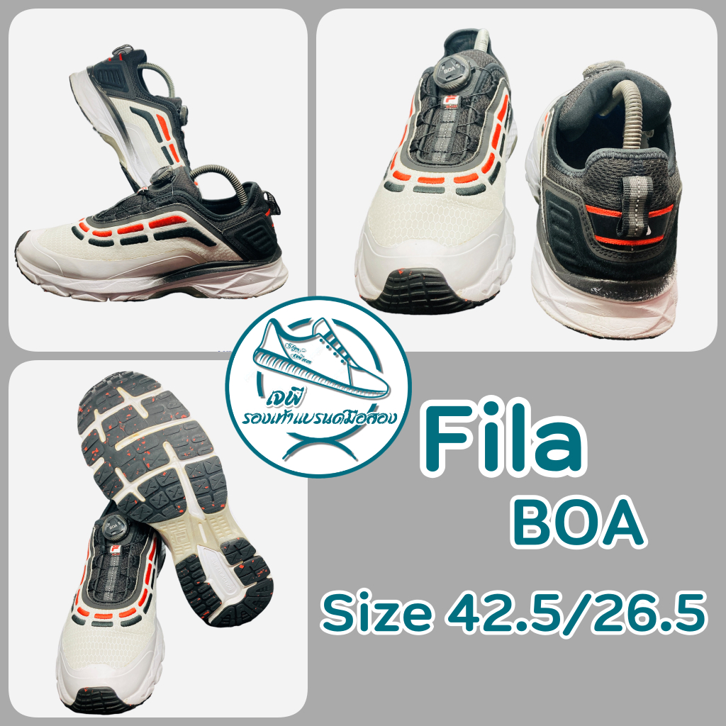 รองเท้าวิ่ง ลำลองได้ ไม่ต้องผูกเชือก ระบบหมุนสลิง Fila BOA แท้มือสอง สวย ขนาด 42.5/26.5 พื้นเต็ม ซอฟเดิม ไม่ปะหลัง