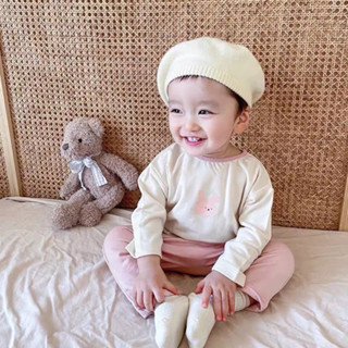 babytk ✨พร้อมส่ง✨  เสื้อแขนยาวครีมกระต่ายชมพู+กางเกงขายาวชมพู