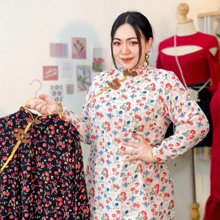 🧧Plus size🧧 เดรสตรุษจีนสาวอวบ ชุดตรุษจีนสาวอวบ รุ่นเดรสดอกหญ้า🧧(S56)