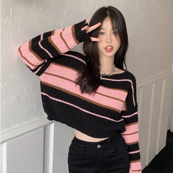 เสื้อกันหนาว เปิดไหล่ ผ้าถัก ลายทาง สีชมพู สําหรับเด็กผู้หญิง