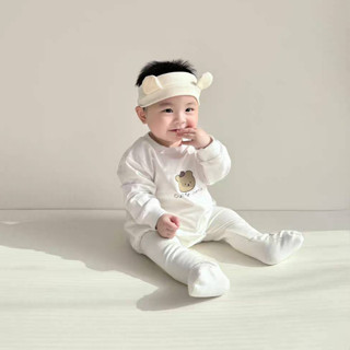 babytk ✨พร้อมส่ง✨  ชุดเซทเสื้อแขนยาวลายหมีขาจั๊ม+กางเกงเลคกิ้งคลุมเท้าลายหมีสีขาว