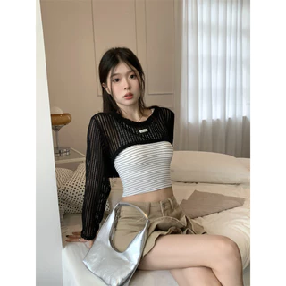 Cicishop(J307)SET สายเดี่ยว+เสื้อคลุมซีทรูเบาๆบาๆ สายเดี่ยวลายทางน่ารักสไตล์เกาหลีสุดๆ
