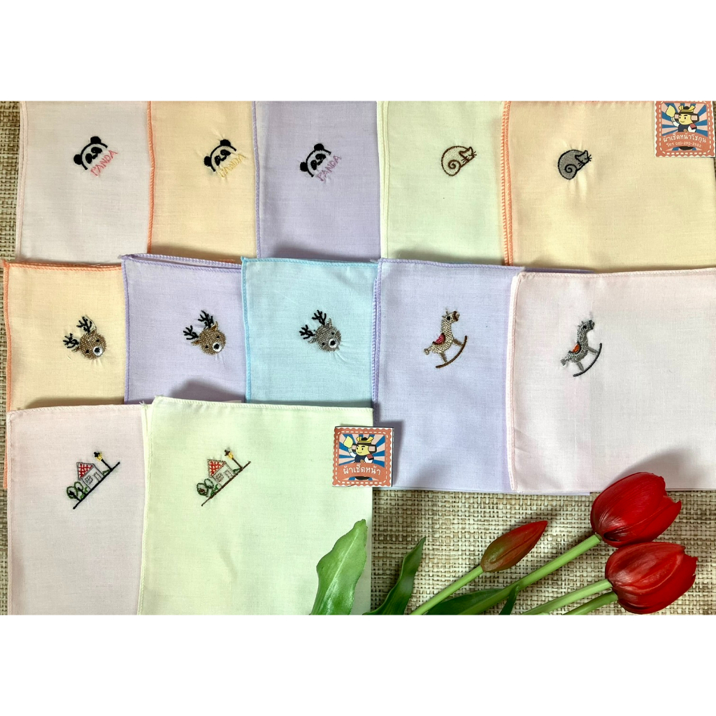 Handkerchiefs 19 บาท ผ้าเช็ดหน้าปักลาย การ์ตูน สัตว์น่ารัก เครื่องประดับ ผ้าฝ้ายหรือผ้าคอตตอนแท้ ขนาด 11*11 นิ้ว Fashion Accessories