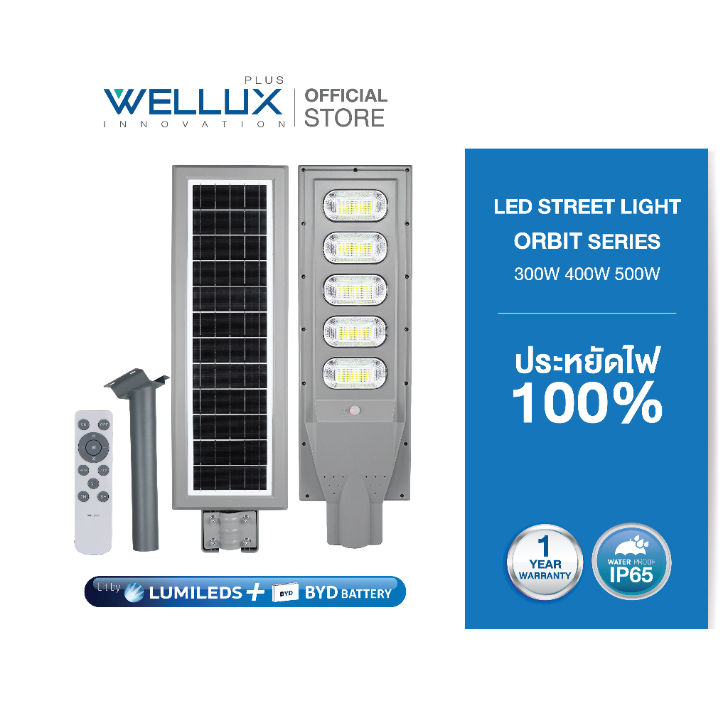 [BYD BATTERY]WELLUX โคมไฟถนนโซล่า 300W 400W 500W LED STREET LIGHT SOLAR  รุ่น ORBIT SERIES สว่างยันเ