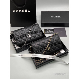 chanel ลายหนังคาเวียร์ กระเป๋าเงินพร้อมสายยาว กระเป๋าแบรนด์เนม กระเป๋าสะพายข้าง