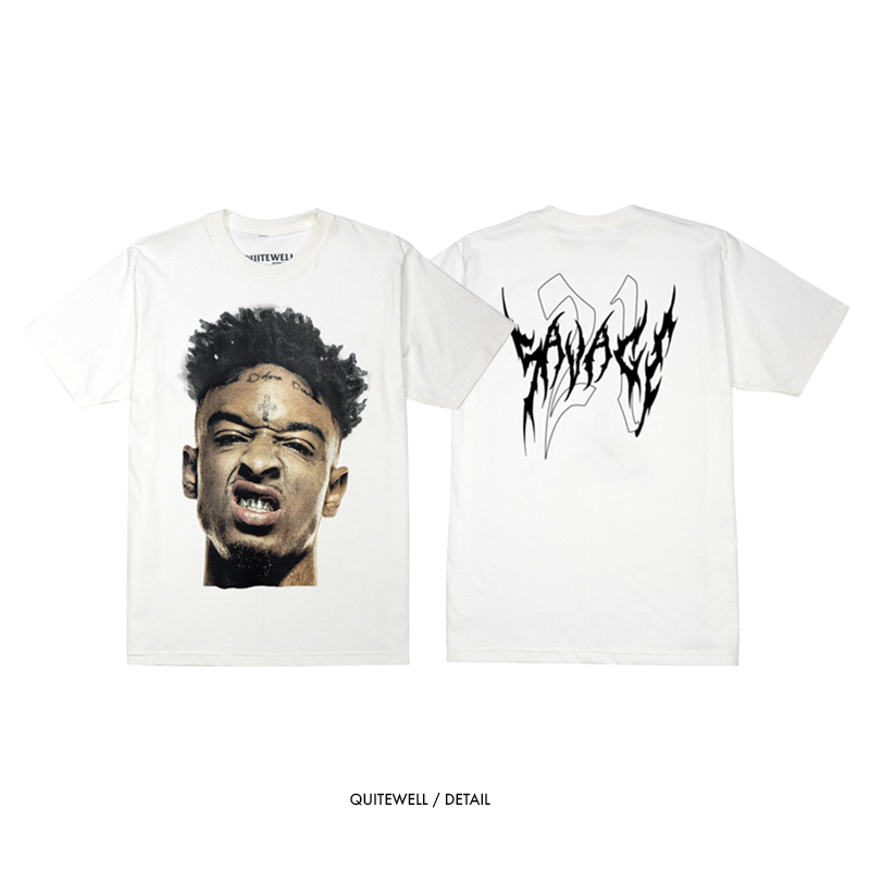 QUITEWELL เสื้อยืดแขนสั้น 21 SAVAGE WHITE เสื้อผู้ชาย Oversize สกรีนลาย สีขาว วินเทจ