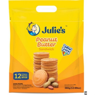 จูลี่ส์ พีนัท บัตเตอร์ แซนด์วิช บิสกิต ขนมปังกรอบสอดไส้ครีมเนยถั่ว 360 กรัม Julies Peanut Butter Sandwich 360 g.